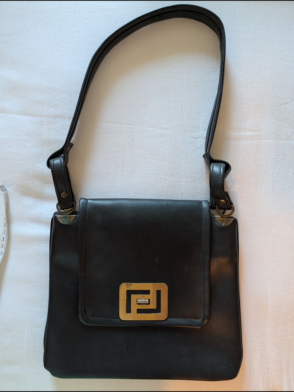 Vintage Black Leatherette Shoulder Bag with Gold Accent
